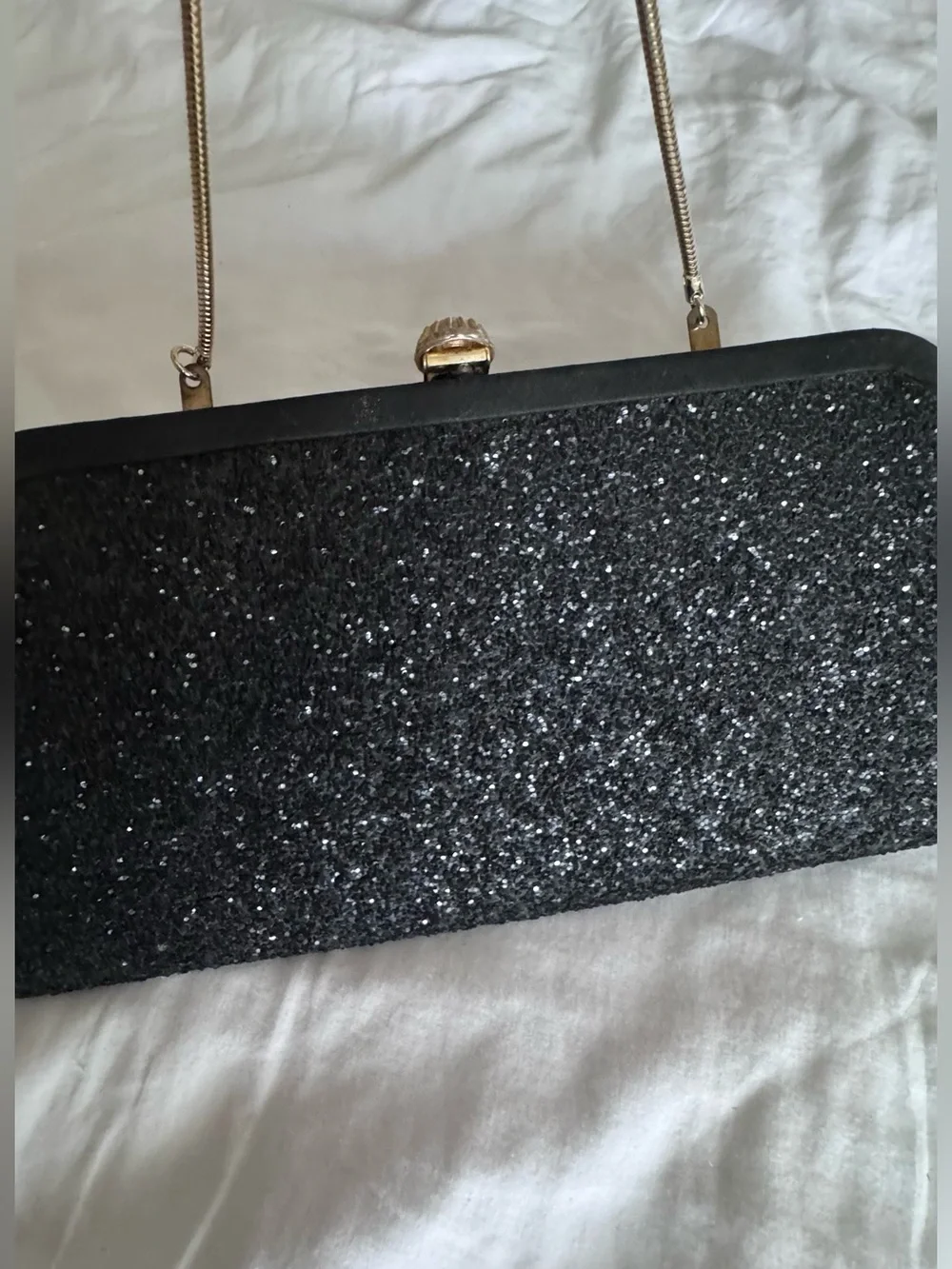 Black Glitter Evening Clutch with Gold Chain Handle